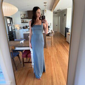 ASOS Bridesmaid satin square neck maxi dress in dusky blue